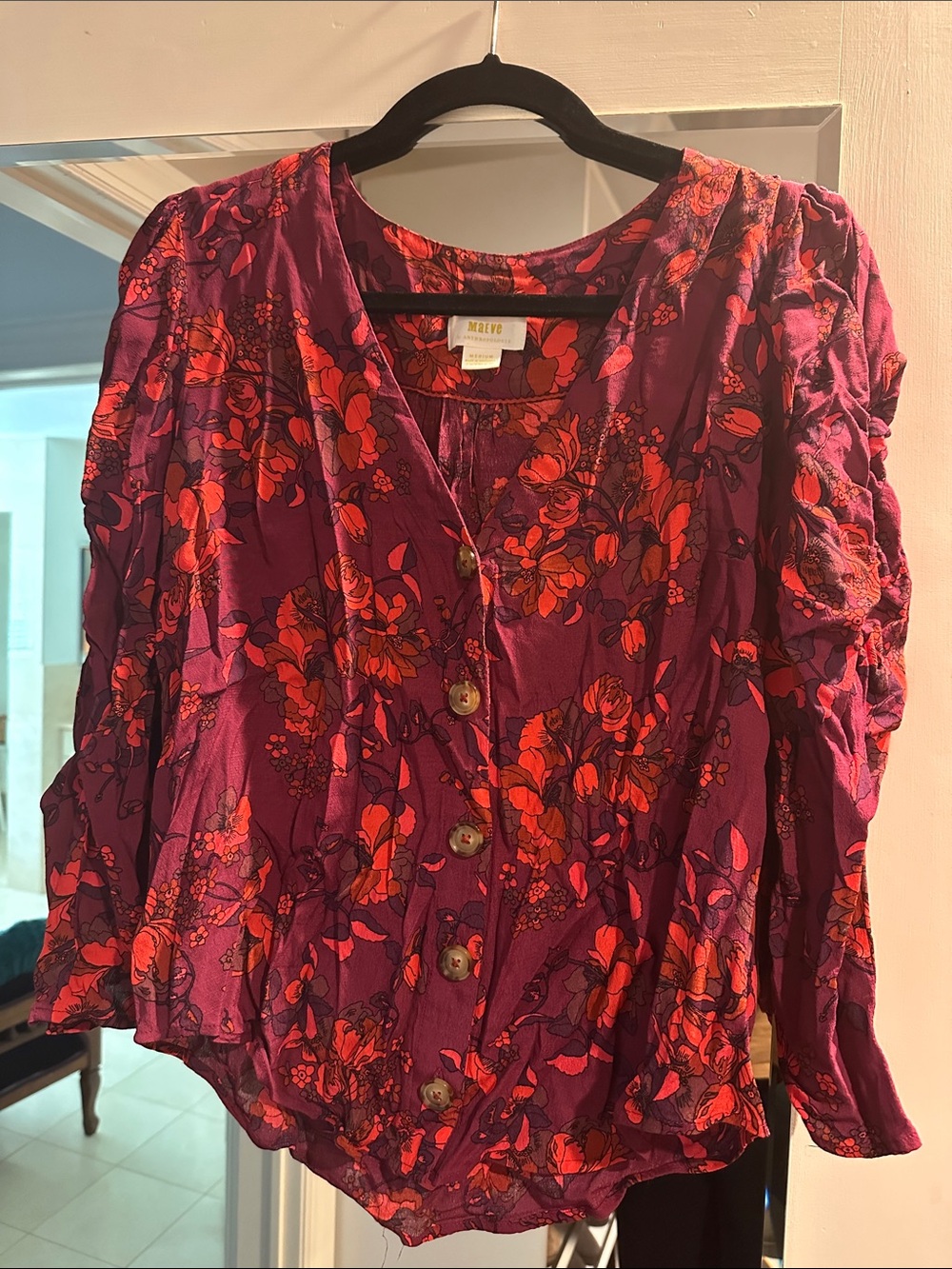 Anthropologie Maeve Purple Button-Down Blouse with Red Floral Print